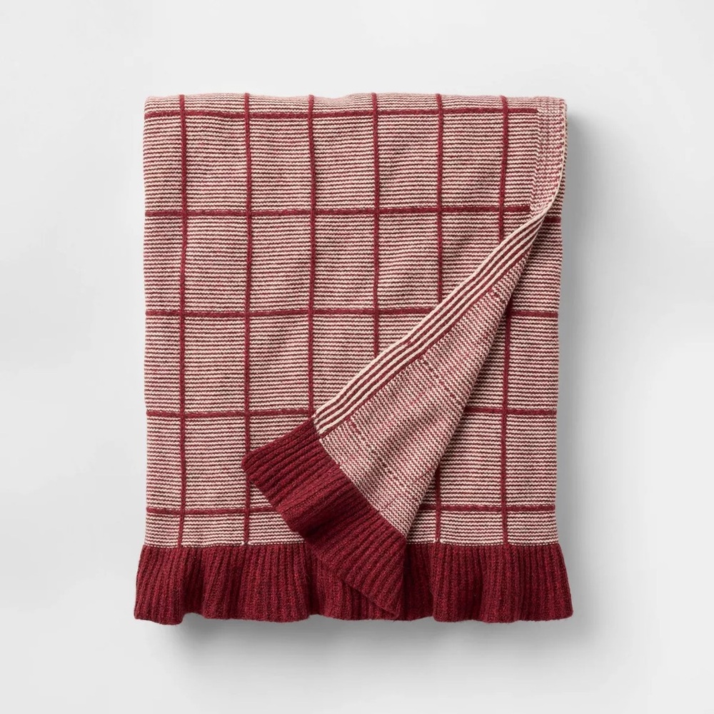 50x60 Windowpane Plaid with Ruffle Throw Blanket Burgundy Threshold Studio McGee